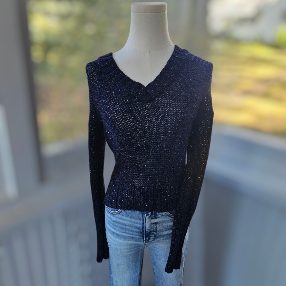 Y2K MUDD Sequin Navy V-Neck Sweater Size MEDIUM